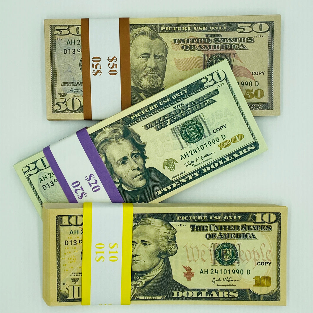 Mix 3 Type 400 Pcs Prop Money-Double Sided Full Print Play Dollar $50,$20,$10