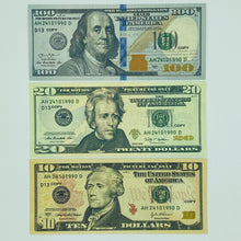 Cargar imagen en el visor de la galería, 100 Pcs Mix 3 Type Prop Money-Double Sided Full Print Fake Dollar $100,$20,$10
