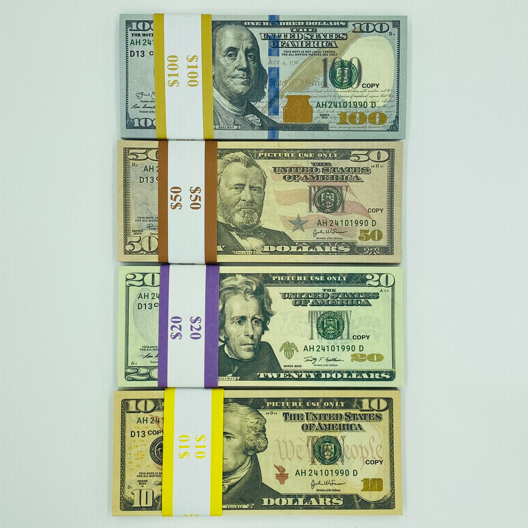 4 Type Mix Prop Money-Double Sided Full Print fake Dollar 300 Pcs $100,$50,$20,$10